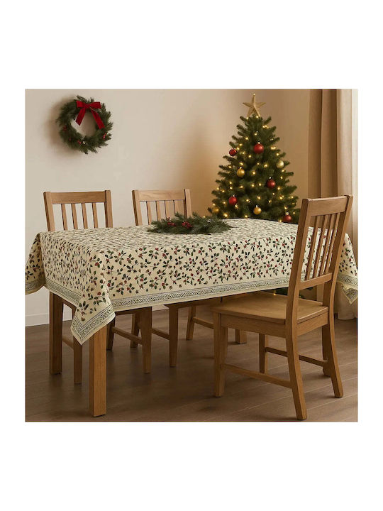 Phos & Gaia Christmas Tablecloth Fabric Stain Resistant Flowers & Branches 250x155cm