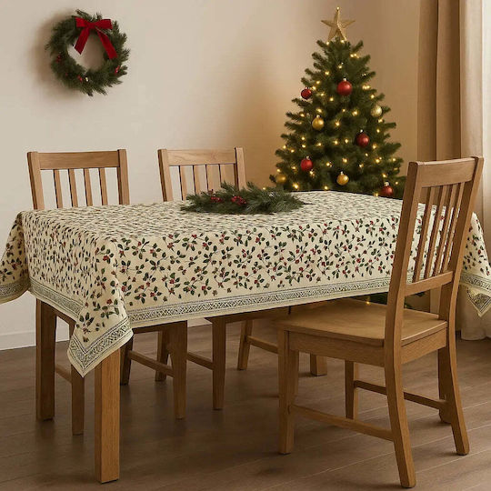 Phos & Gaia Christmas Tablecloth Fabric Stain Resistant Flowers & Branches 300x155cm