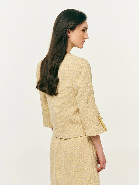 Forel Kurzes Damen-Tweed Blazer Gelb