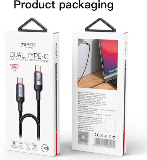 Datenkabel Type-C Zu Type-C 60w 3a 480mbps Nylon Yesido Schwarzes