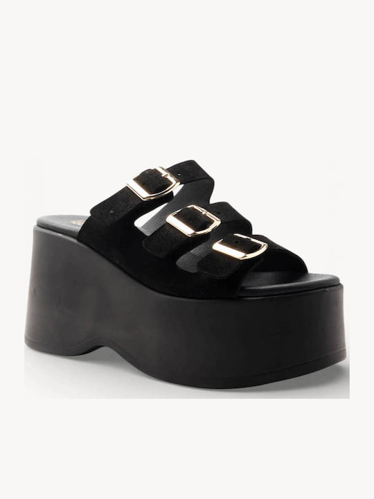 Черни Кожени Flatforms С 3 Регулируеми Токички