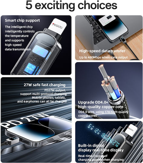 Данен Кабел Type-c към Lightning Цифров Дисплей 27w 1.2м Нйлон Yesido Черен