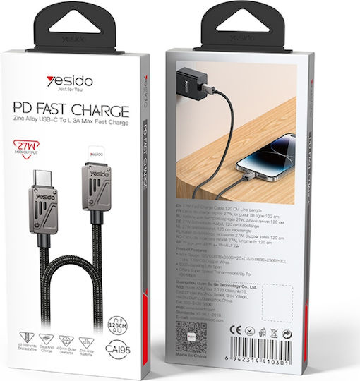 Datenkabel Typ-C Zu Blitzkabel Pd 27w Schnelles Laden 1.2m Nylon Yesido Schwarzes