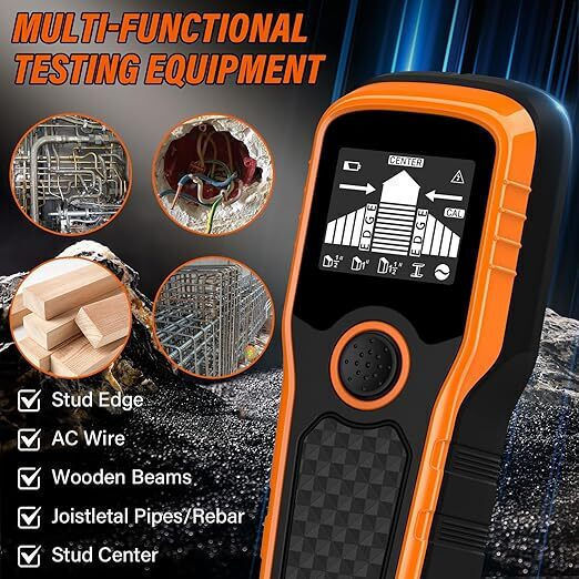 Detector Multifuncțional Instalații Electrice Componente Metalice Grinzi de Lemn Cavități Zola Ecran Lcd Semnalizare Sonoră Sensibilitate Maximă 80 Mm 7.5x3x18 Cm Portocaliu