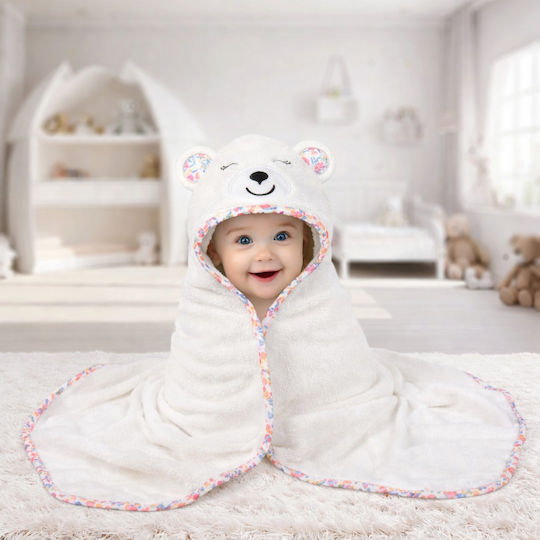 Baby Bath Towel-Bathrobe Hooded White Bear Pink Floral Design 90x100cm Pink Hooded2