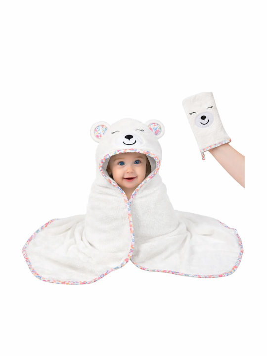 Halat De Baie Pentru Bebeluşi Cu Glugă White Bear/Design Floral Roz 90x100cm