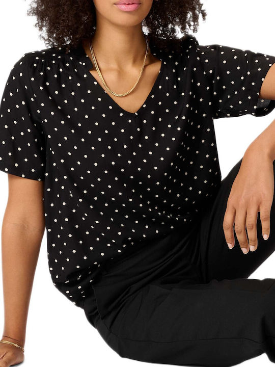 Women's Blouse with V-Neckline Black Polka Dot