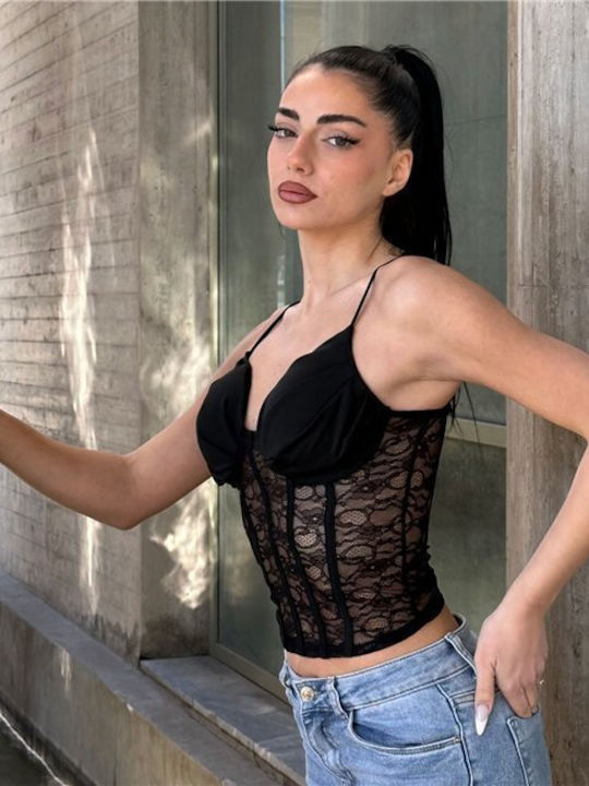 Women's Crop Top with Lace Black