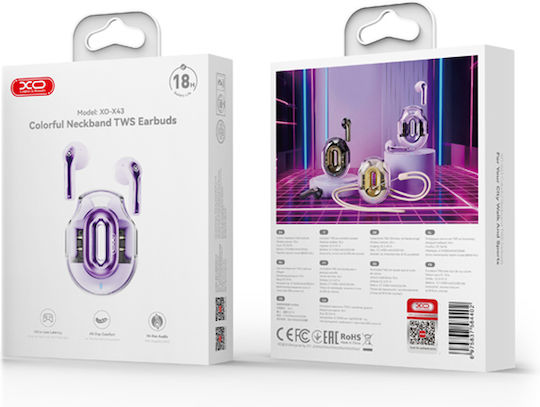 XO X43 Earbud Bluetooth Handsfree Ακουστικά με Αντοχή στον Ιδρώτα και Θήκη Φόρτισης Μωβ