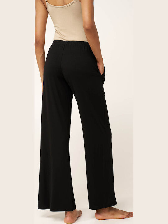 Women's Fabric Trousers with Rubber Band in Loose Fit Black