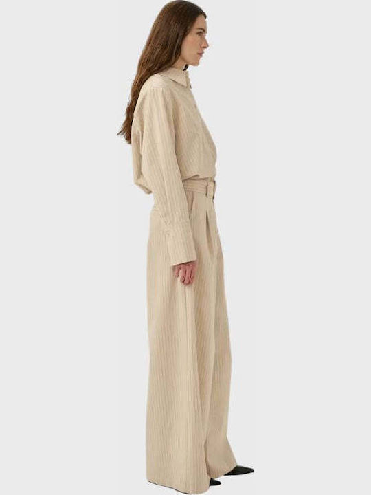 Women's Fabric Trousers in Wide Leg Style Striped Brown