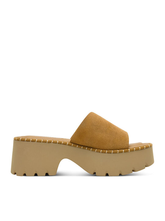 Suede Mules With Chunky High Heel In Brown Color