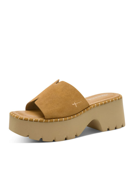 Suede Mules With Chunky High Heel In Brown Color