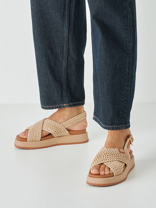 Leather Women's Sandals Flatforms Beige