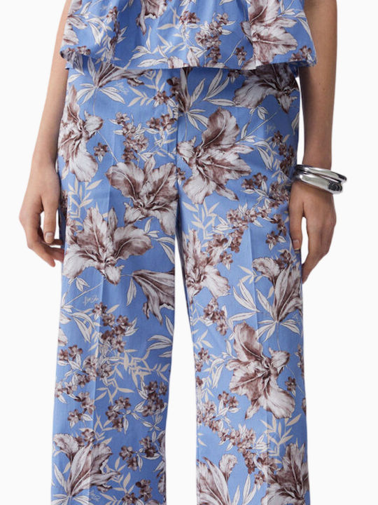 Pantaloni Dama Largi Stil Palazzo Fit Floral Albaștri