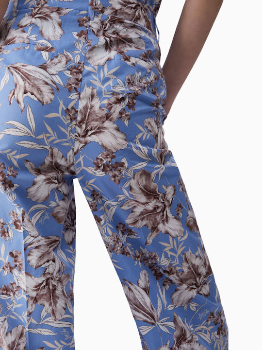 Pantaloni Dama Largi Stil Palazzo Fit Floral Albaștri