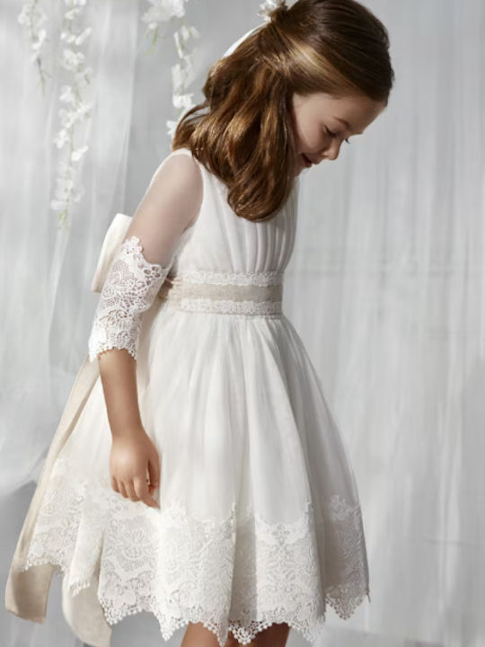 Girls Dress Long Sleeve Tulle for Flower Girl Set with Accessories Beige
