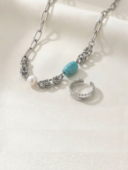 Sharks Bay Clothing Set with Necklace & Ring Made of Steel with Stones and Pearls