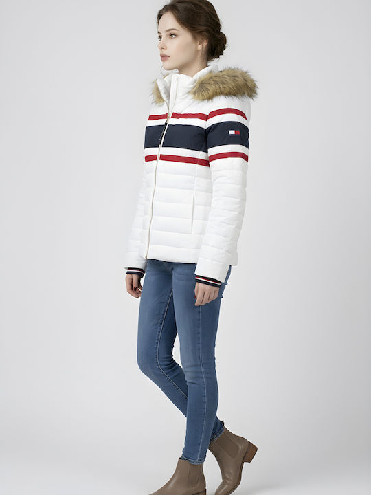 Women's Short Puffer Jacket for Winter with Hood White