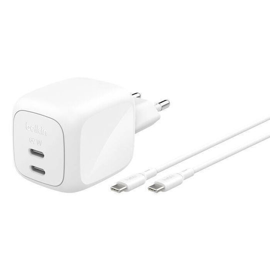 Belkin Charger GaN with 2 USB-C Ports and Cable USB-C - USB-C 67W Power Delivery Whites (BoostCharge Pro)