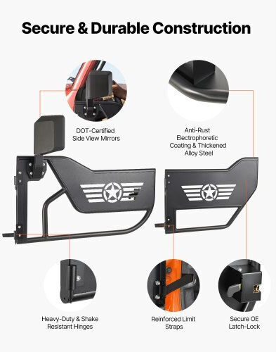 Vevor Jeep Tube Doors 4-door Compatible 2018-2026 Jeep Wrangler Jl Jlu & Gladiator Jt 4xe Steel Off Road Front & Rear Tubular Half Doors Dot Certified Side View Mirrors Rubber Pads
