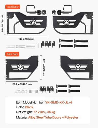 Vevor Jeep Tube Doors 4-door Compatible 2018-2026 Jeep Wrangler Jl Jlu & Gladiator Jt 4xe Steel Off Road Front & Rear Tubular Half Doors Dot Certified Side View Mirrors Rubber Pads