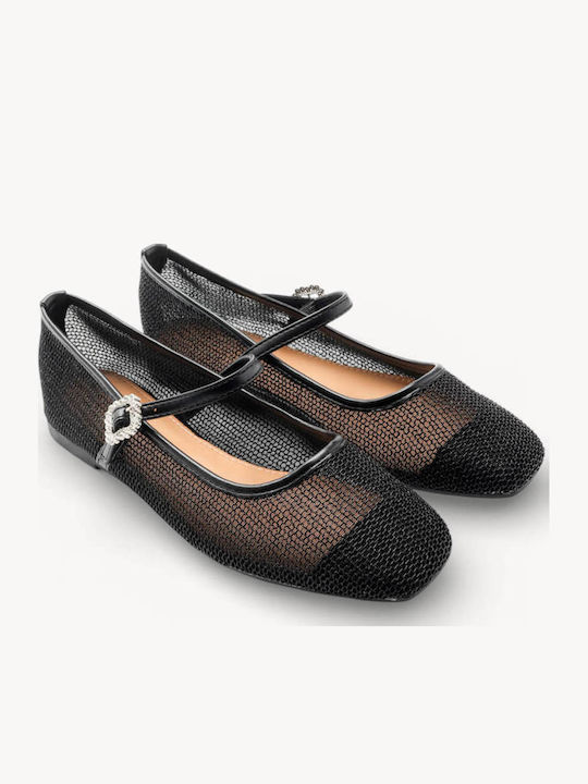 Schwarze Damen Ballerinas Netz Dekorative Agraffe
