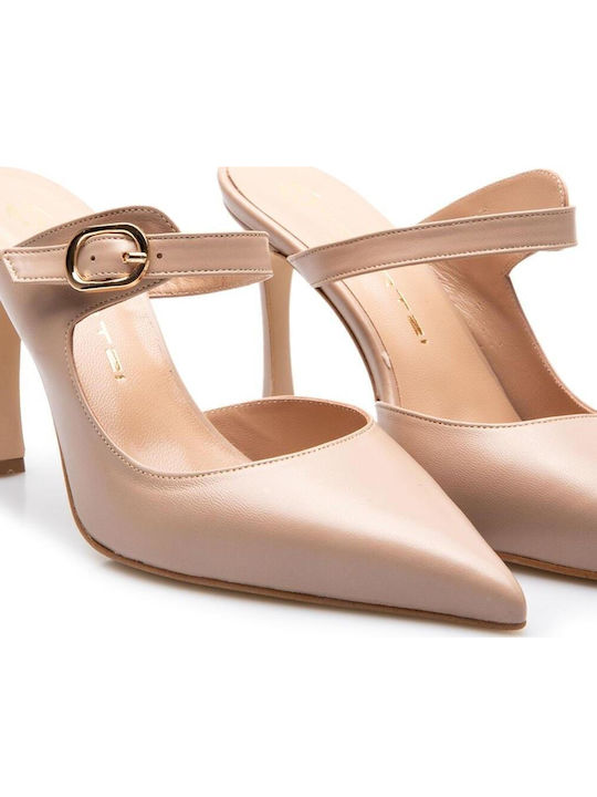 Leather Mules With Heel In Beige Colour