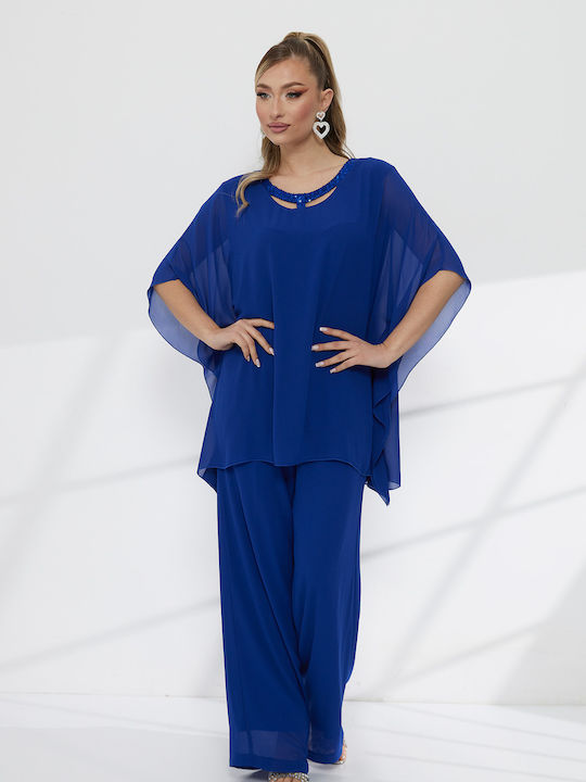 Women's Blue Set with Trousers with Rubber Band in Loose Fit