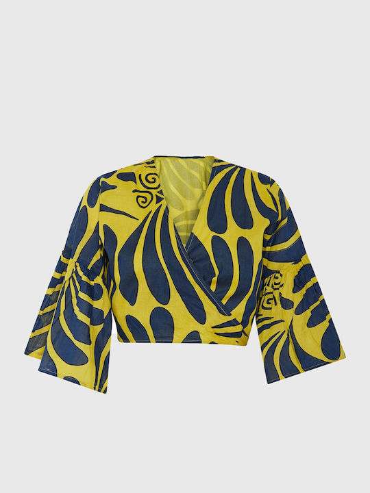 Women's Cotton Blouse with V Neckline Yellow
