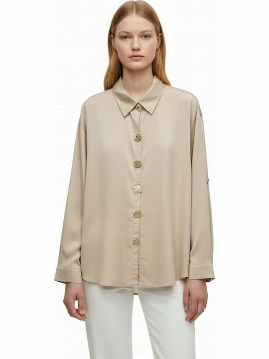 Long Sleeve Women's Cotton Shirt Beige