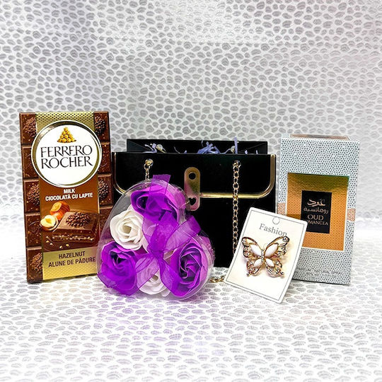 Set Cadou Oud Romance Arabic Eau de Parfum Pentru Femei 50 Ml Săpun cu Ciocolată Cutie cu Trandafiri Brosă În Portfard Tip Geantă Negru