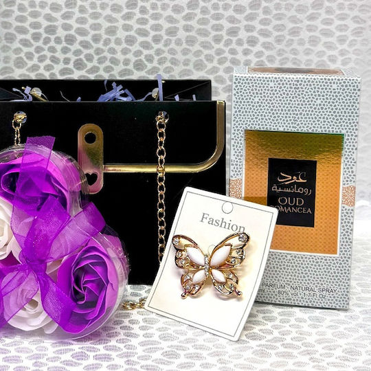 Set Cadou Oud Romance Arabic Eau de Parfum Pentru Femei 50 Ml Săpun cu Ciocolată Cutie cu Trandafiri Brosă În Portfard Tip Geantă Negru