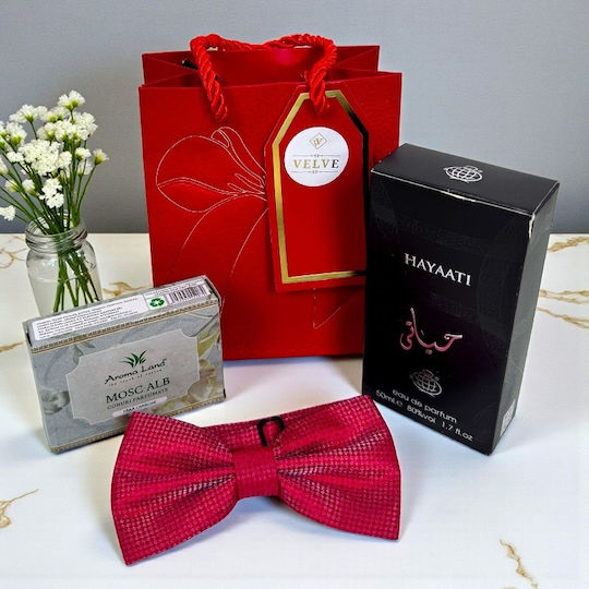 Pachet Eleganță de Crăciun Set Parfum Bărbați Conuri Parfumate Papion Elegant Geantă Cadou Roșie