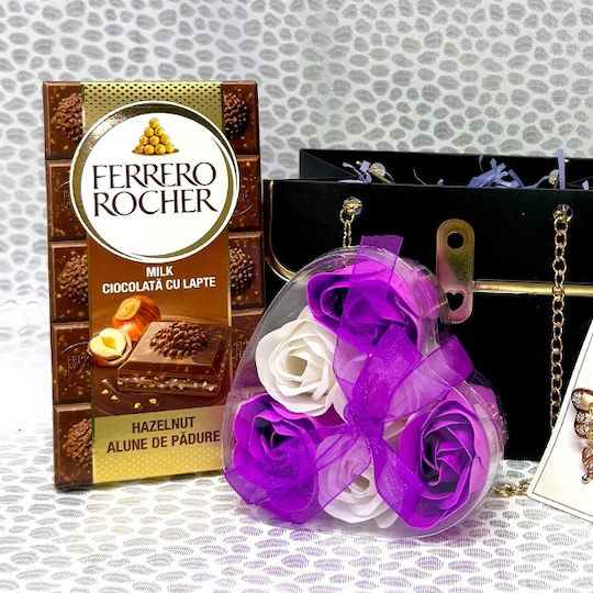 Set Cadou Oud Romance Arabic Eau de Parfum Pentru Femei 50 Ml Săpun cu Ciocolată Cutie cu Trandafiri Brosă În Portfard Tip Geantă Negru