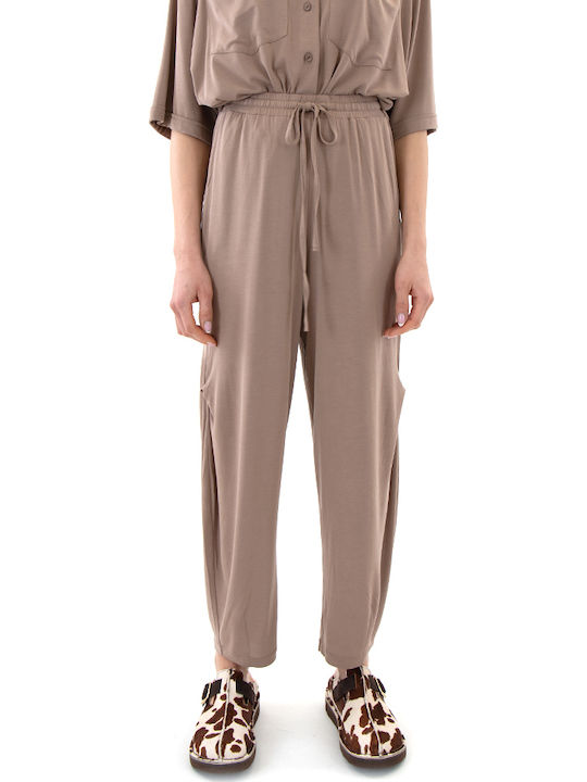 Women's High Rise Ribbed Trousers with Rubber Band in Loose Fit Beige