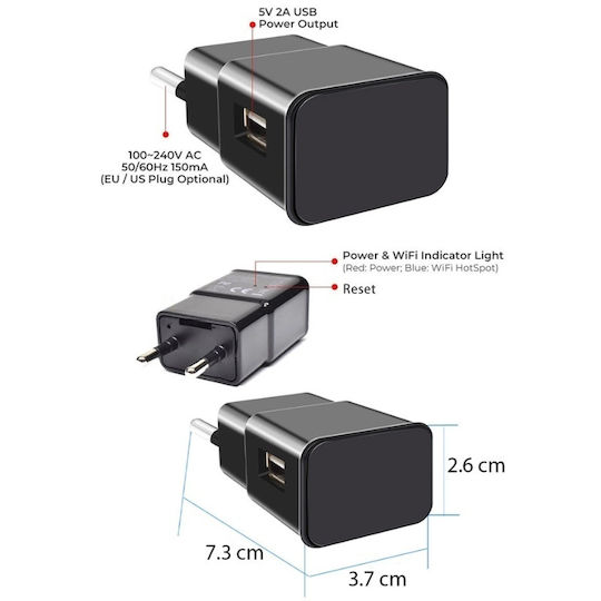 Încărcător Usb Cameră Spionaj Iuni Ip1000 64gb Wifi Vizualizare 4k Audio-video P2p