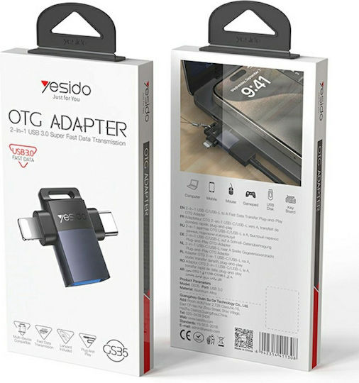 Otg Адаптер Usb To Lightning Type-c 5gbps Алуминиев Сплав Yesido Сребрист