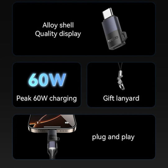 Otg Adaptor Lightning To Type-c 60w 480mbps Aluminum Alloy Yesido Silver