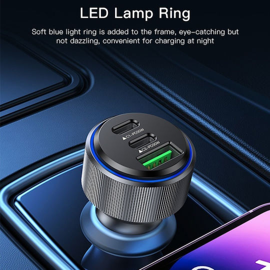Yesido Încărcător Auto Cu Mufă De Brichetă 60W Încărcare Rapidă Cu Porturi 1xUSB-A 2xUSB-C Culoare Neagră