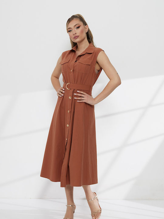 Summer Midi Shirt Dress Sleeveless Brown