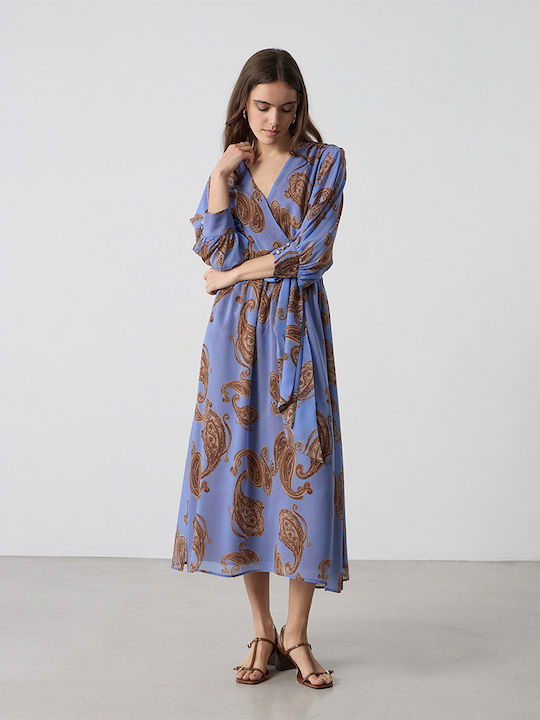 Summer Midi Wrap Dress with Tearing Blue