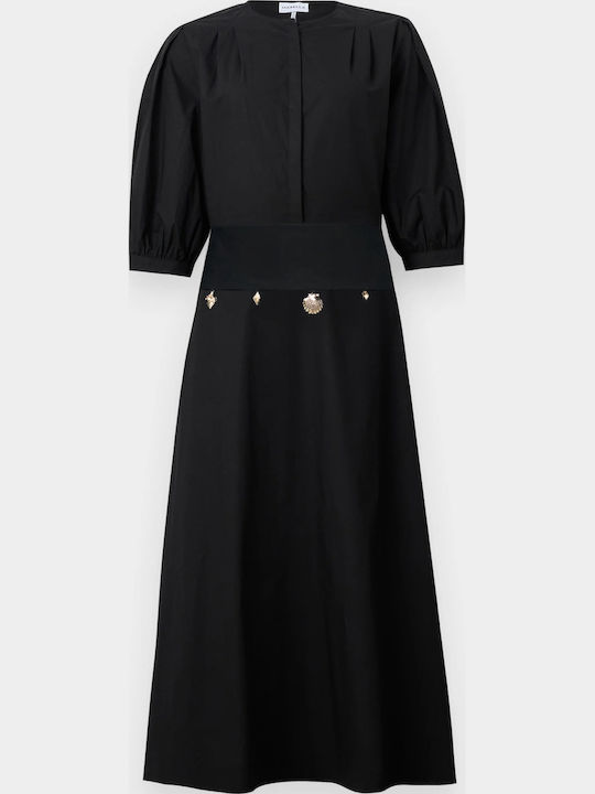 Poplin Midi Φόρεμα με Μανίκι 3/4 Μαυρο