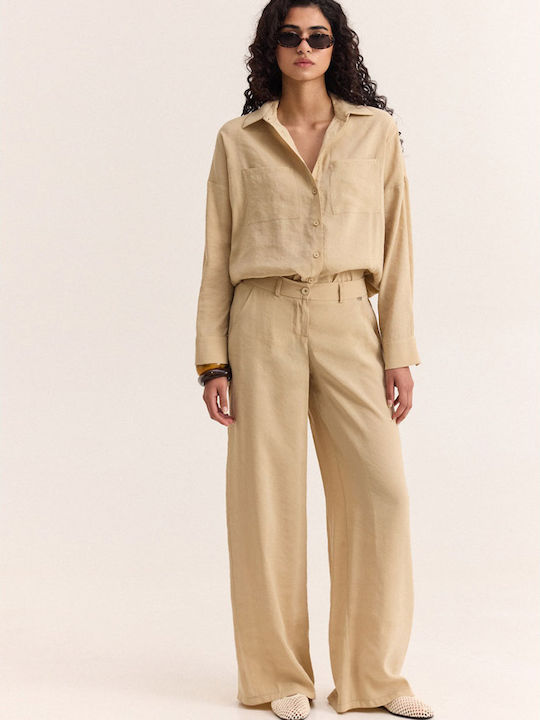 Women's Leather Pantaloons with Rubber Band in Loose Fit Beige