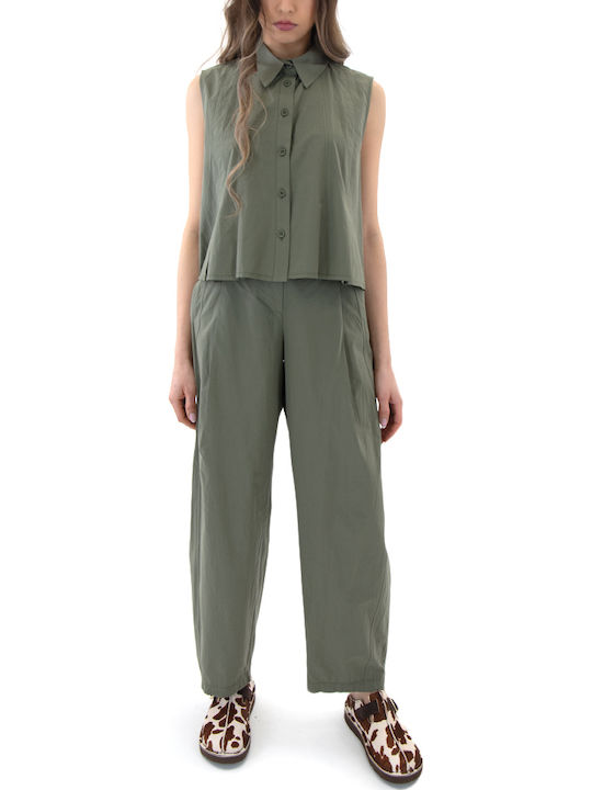 Damen Hochbund Stoffhose mit Gummiband in Balloon Bein Stil Khaki