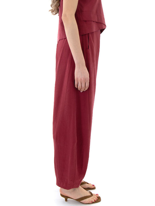 Women's High Rise Fabric Trousers with Rubber Band in Balloon Leg Style Red