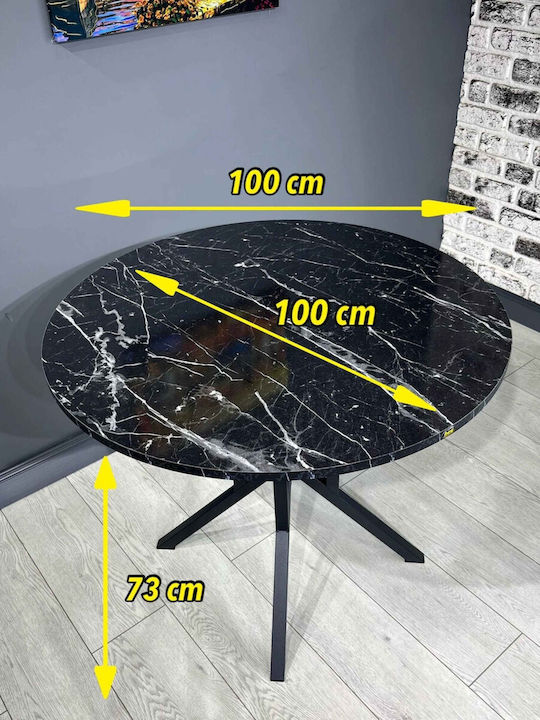 Rundes Esszimmer- und Küchentisch Mit Schwarzen Metallbeinen - Marmor Mit Schwarzem Design (100x100x73cm)
