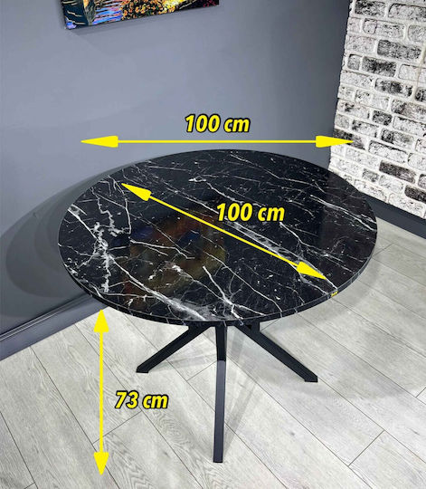 Round Kitchen Table With Black Metal Legs - Marble With Black Design (100x100x73cm) Round Kitchen Table With Black Metal Legs - Marble With Black Design (100x100x73cm)