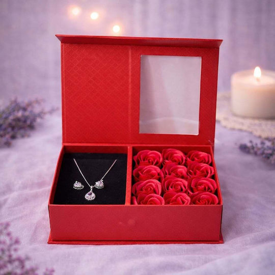 Elegant Set Zirconia Crystals Snowflakes Stainless Steel In A Jewelry Box A Message Foam Roses Red