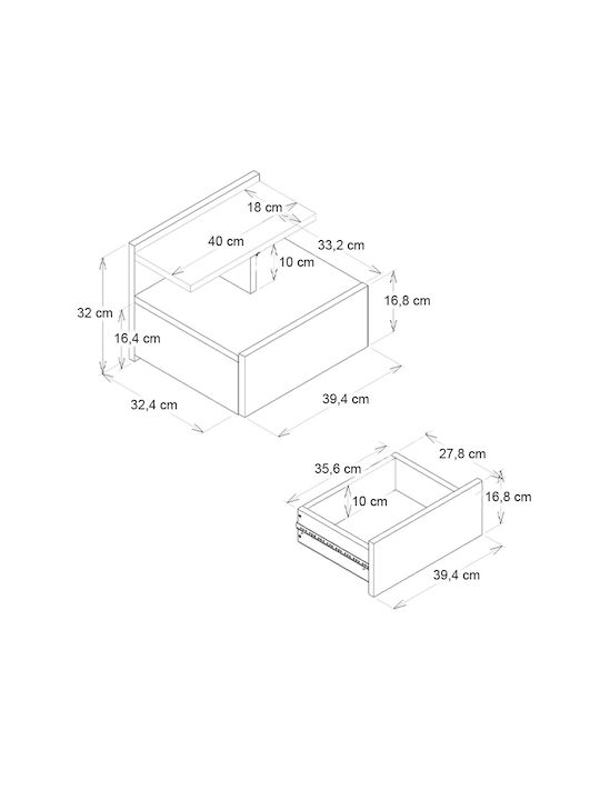 Wall-Mounted Bedside Table Mislina Wooden Black 40x33.2x32cm